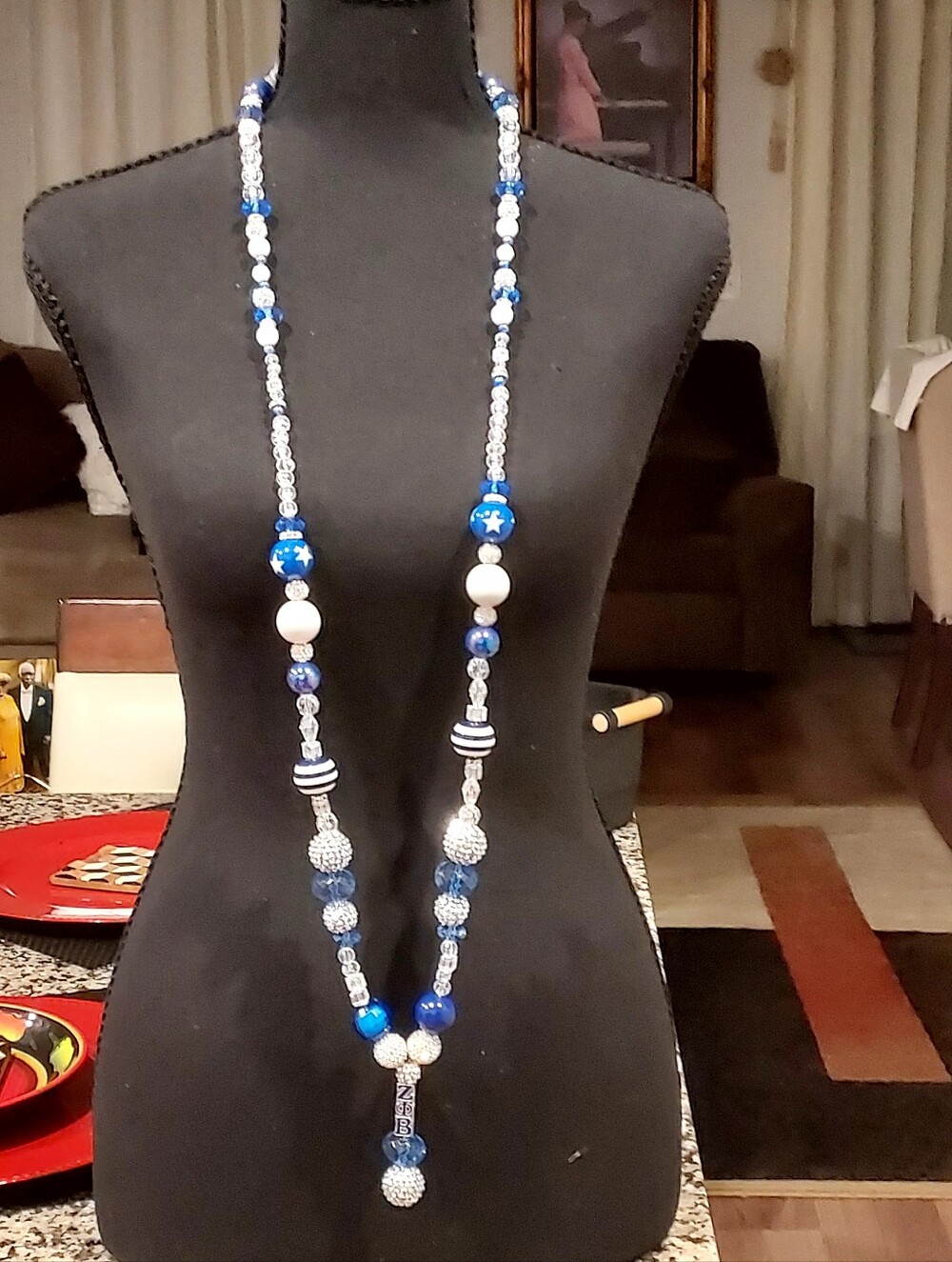 Handcrafted ZETA PHI BETA Blue and White Beaded Long Necklace